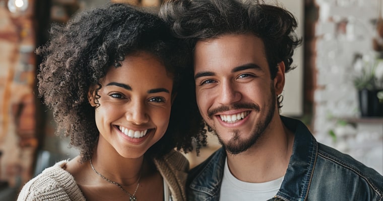 Two young women embrace and smile together