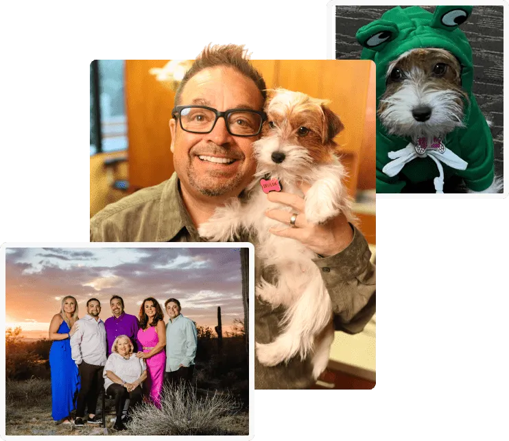 Collage of a personal photos of Dr. Ron Sherman, family, pet, smiles